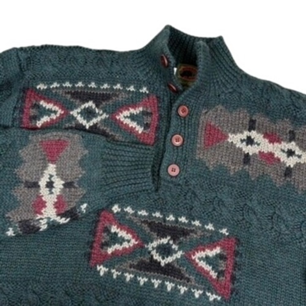 Boston Traders Mens M Green Button Sweater Southwest Aztec Geometric Mock Neck‎